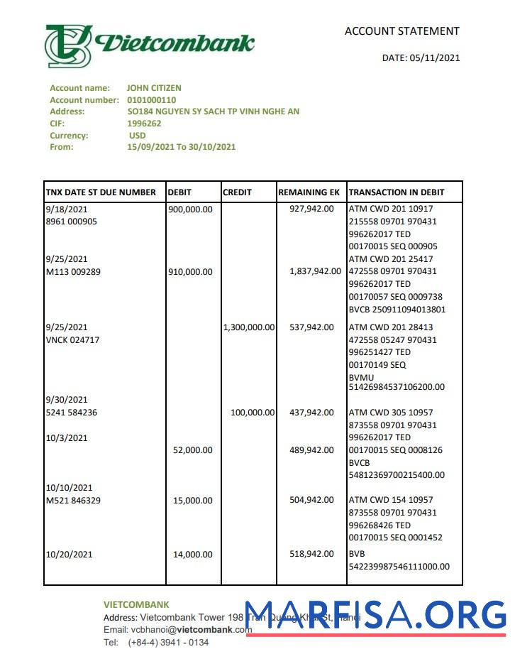 Realistic Vietnam Vietcombank bank statement excel example